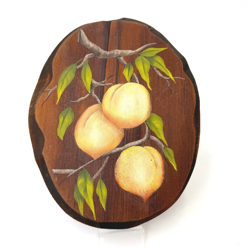 Vintage Hand Painted Peaches on Wood Slice Wall Art Rustic Folk Art Decor